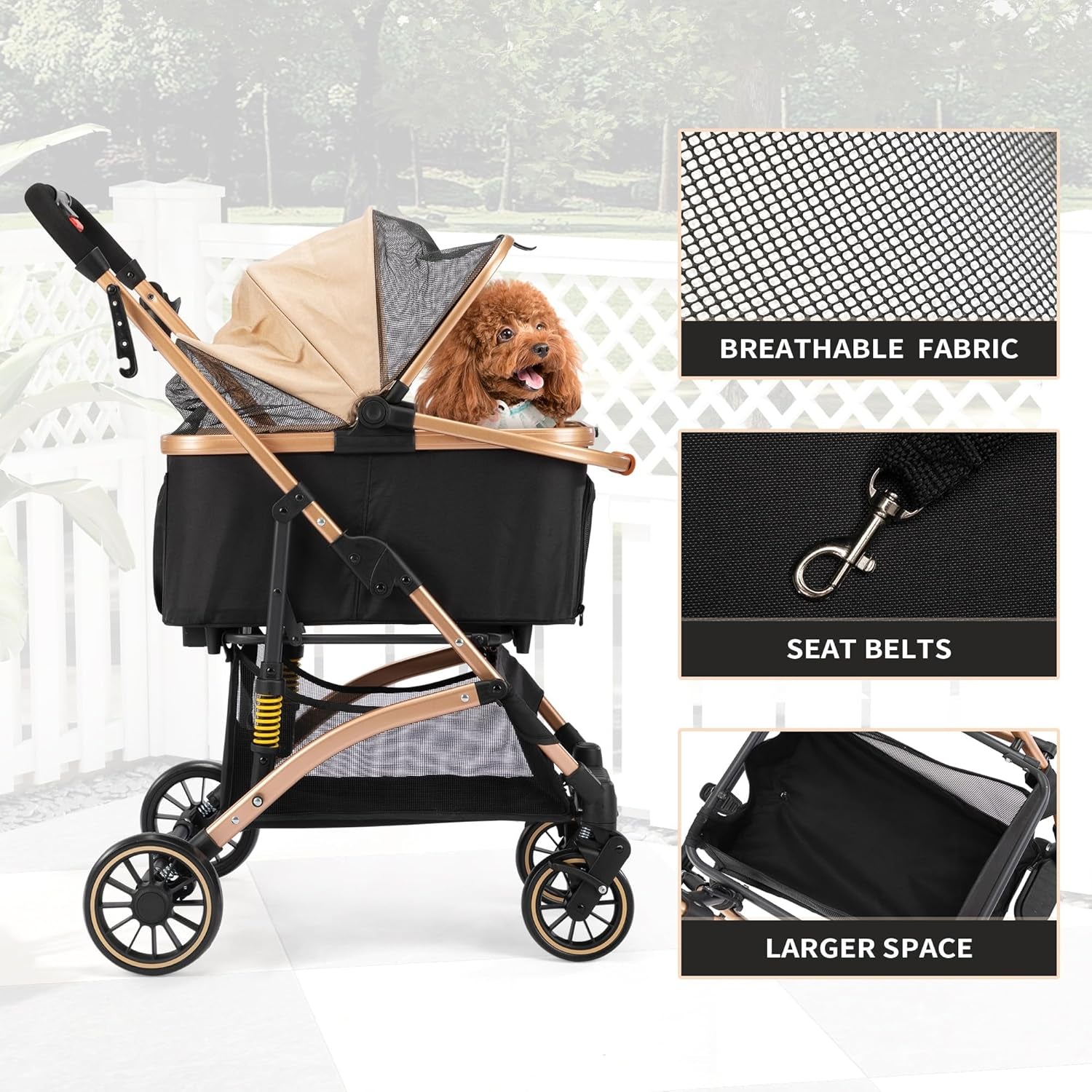 Dog Stroller for Pets, One Hand Fold Puppy Stroller with 6 Shock Absorbers, Removable Cabin & Storage Basket, 4 Wheels Dual Brakes, Rose Gold + Black