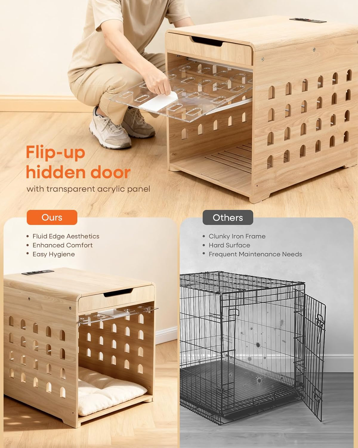 Modern Dog Crate Furniture with Charging Station Medium Kennel Indoor with Flip-Up Hidden Acrylic Door for Small and Medium Breeds up to 50Lb Wood Pet End Side Table Cage, Oak