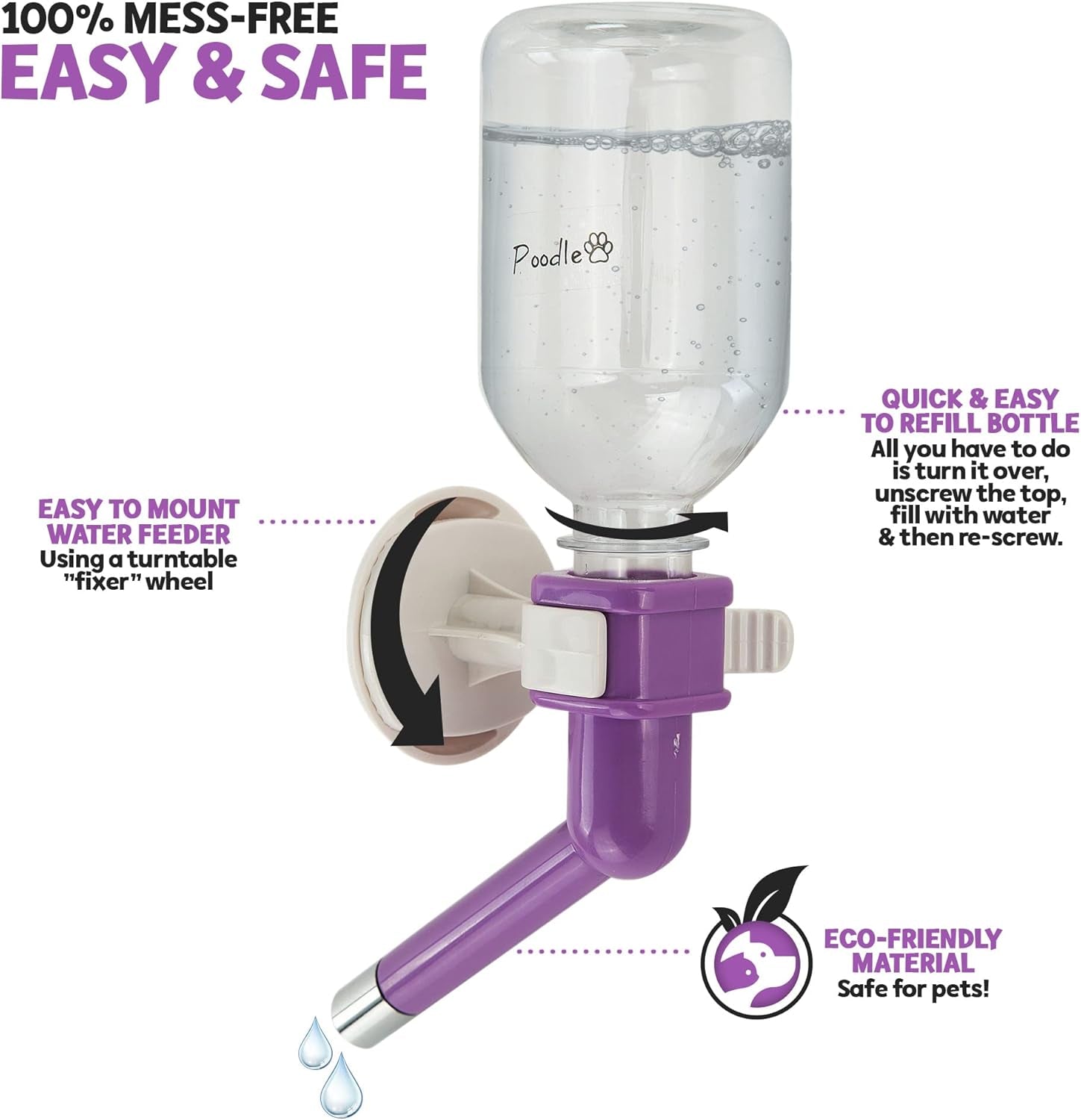 Poodle Pet Water Feeder Bottle Container Dispenser for Cage or Kennel – Gravity Hydration Fountain with Spigot Spout for Dogs, Cats, Hamsters, Rabbits & Other Small Animals … (Crate Water Bottle)