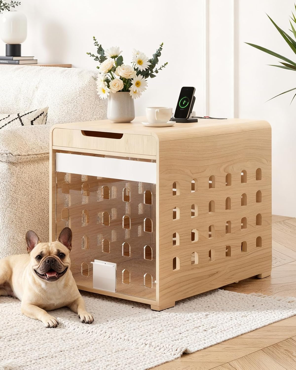Modern Dog Crate Furniture with Charging Station Medium Kennel Indoor with Flip-Up Hidden Acrylic Door for Small and Medium Breeds up to 50Lb Wood Pet End Side Table Cage, Oak