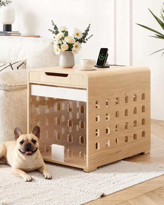 Modern Dog Crate Furniture with Charging Station Medium Kennel Indoor with Flip-Up Hidden Acrylic Door for Small and Medium Breeds up to 50Lb Wood Pet End Side Table Cage, Oak