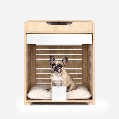 Modern Dog Crate Furniture with Charging Station Medium Kennel Indoor with Flip-Up Hidden Acrylic Door for Small and Medium Breeds up to 50Lb Wood Pet End Side Table Cage, Oak