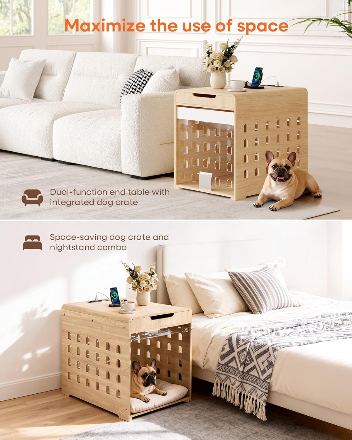 Modern Dog Crate Furniture with Charging Station Medium Kennel Indoor with Flip-Up Hidden Acrylic Door for Small and Medium Breeds up to 50Lb Wood Pet End Side Table Cage, Oak