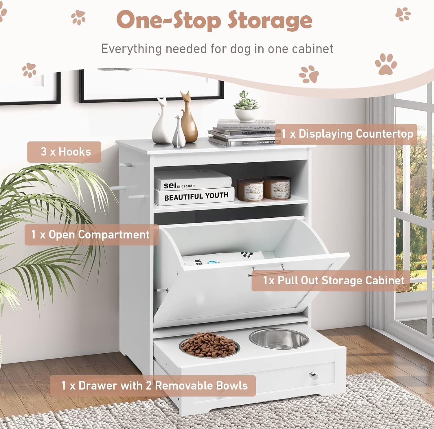 Dog Feeding Station Dogs Food Storage Cabinet Pet Feeder Container with 2 Thick 50Oz Stainless Steel Raised Dog Food and Water Bowls, Pet Supply Organizer with Pet Toy Hangers, White