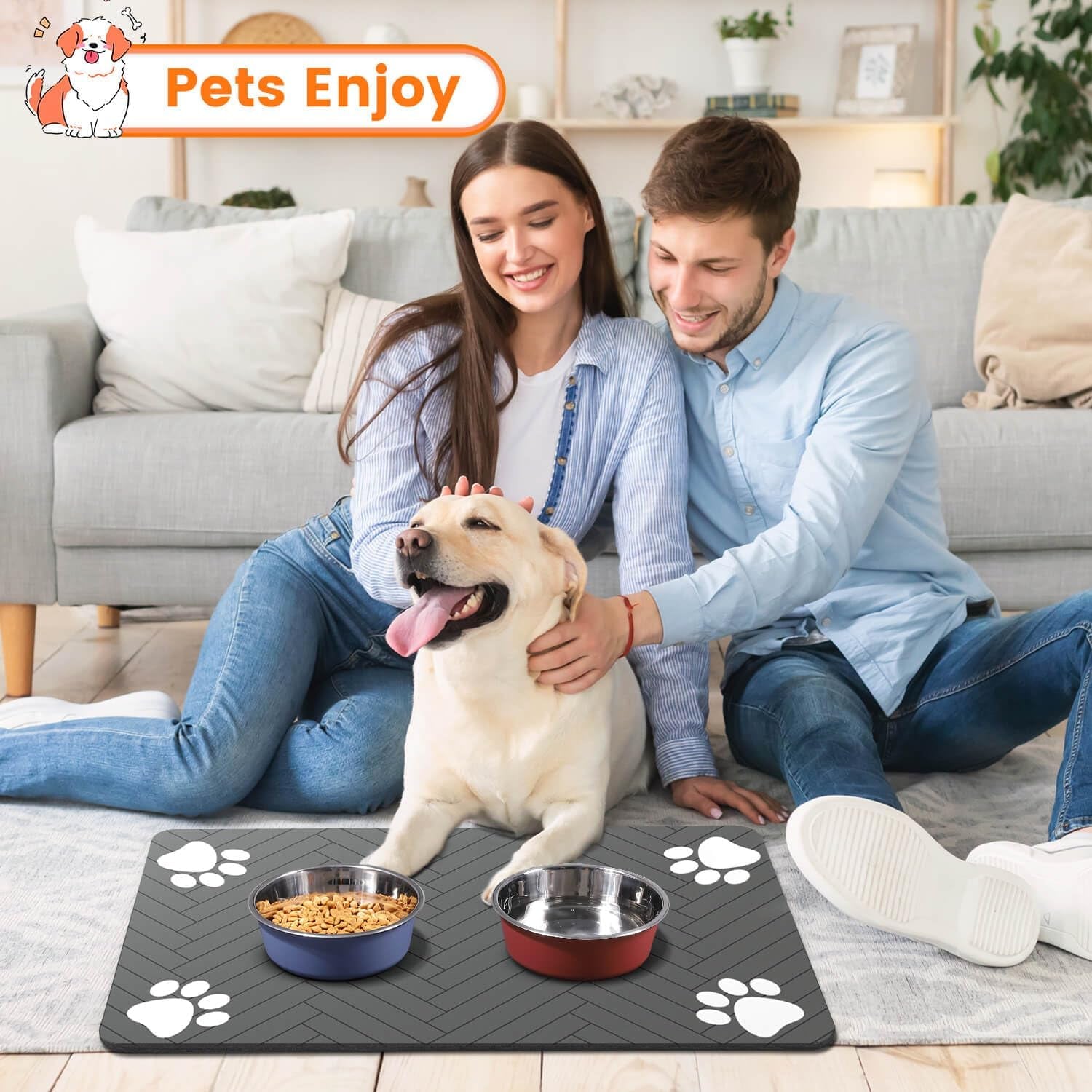 Pet Feeding Mat-Absorbent Pet Placemat for Food and Water Bowl, with Waterproof Rubber Backing, Quick Dry Water Dispenser Mat for Dog and Cat (27"X17", Beige)