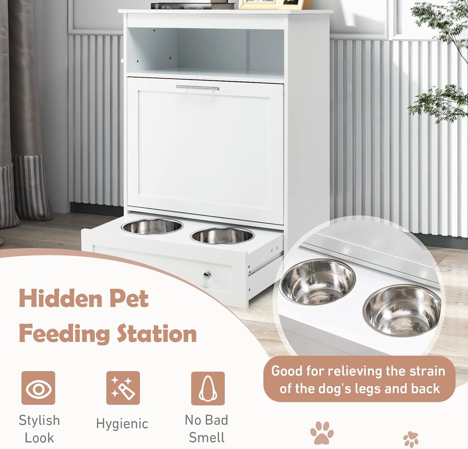 Dog Feeding Station Dogs Food Storage Cabinet Pet Feeder Container with 2 Thick 50Oz Stainless Steel Raised Dog Food and Water Bowls, Pet Supply Organizer with Pet Toy Hangers, White