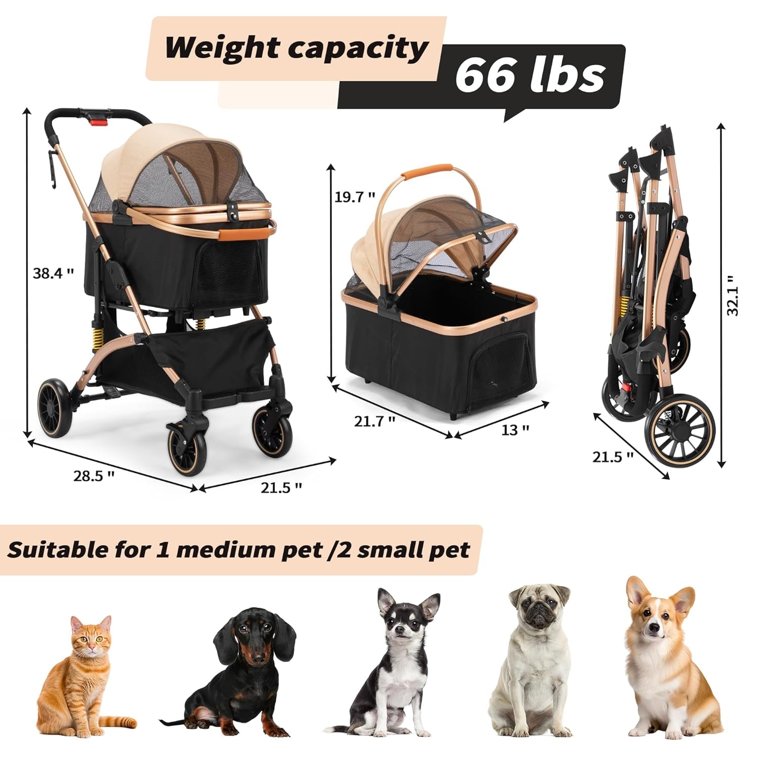 Dog Stroller for Pets, One Hand Fold Puppy Stroller with 6 Shock Absorbers, Removable Cabin & Storage Basket, 4 Wheels Dual Brakes, Rose Gold + Black