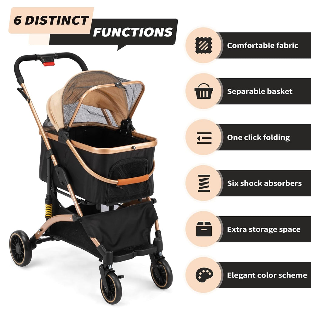 Dog Stroller for Pets, One Hand Fold Puppy Stroller with 6 Shock Absorbers, Removable Cabin & Storage Basket, 4 Wheels Dual Brakes, Rose Gold + Black