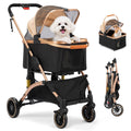Dog Stroller for Pets, One Hand Fold Puppy Stroller with 6 Shock Absorbers, Removable Cabin & Storage Basket, 4 Wheels Dual Brakes, Rose Gold + Black