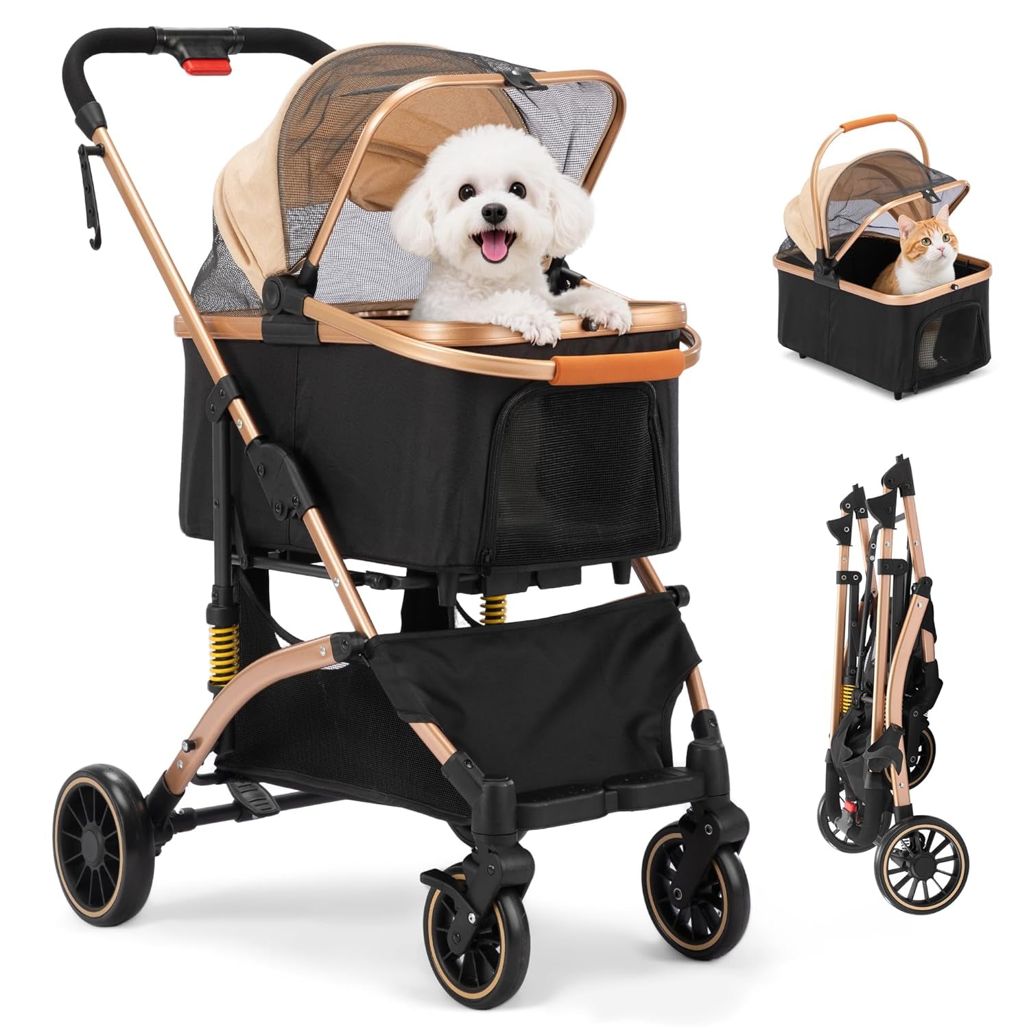 Dog Stroller for Pets, One Hand Fold Puppy Stroller with 6 Shock Absorbers, Removable Cabin & Storage Basket, 4 Wheels Dual Brakes, Rose Gold + Black