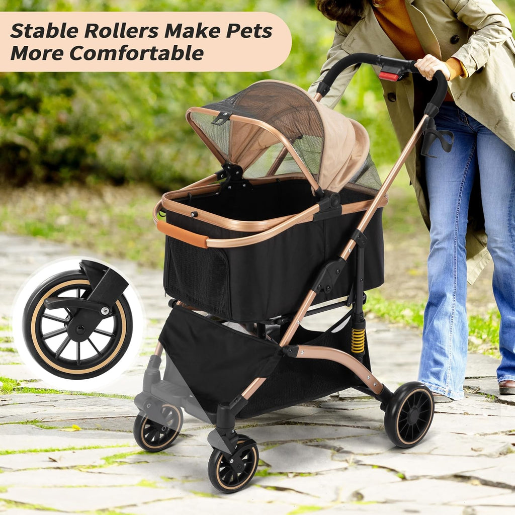 Dog Stroller for Pets, One Hand Fold Puppy Stroller with 6 Shock Absorbers, Removable Cabin & Storage Basket, 4 Wheels Dual Brakes, Rose Gold + Black