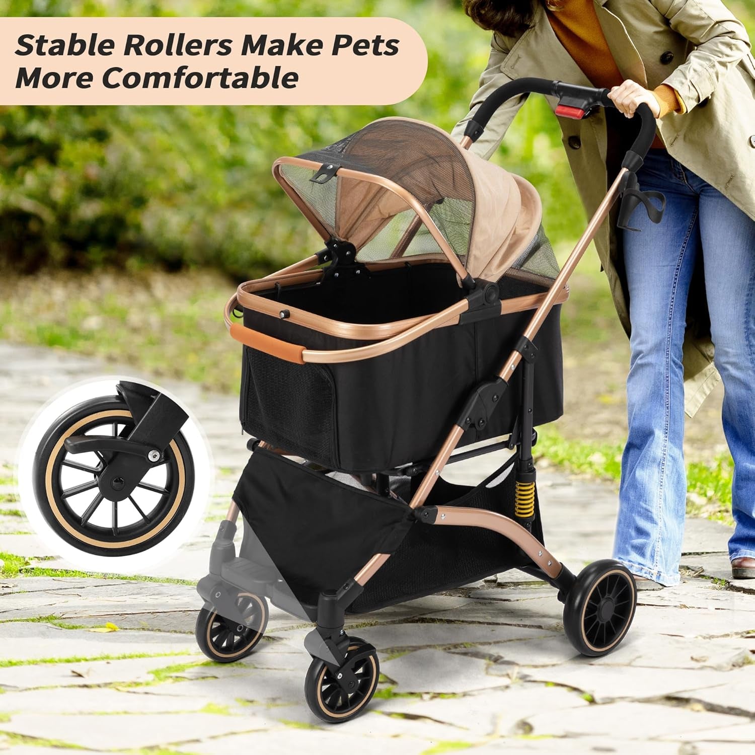 Dog Stroller for Pets, One Hand Fold Puppy Stroller with 6 Shock Absorbers, Removable Cabin & Storage Basket, 4 Wheels Dual Brakes, Rose Gold + Black