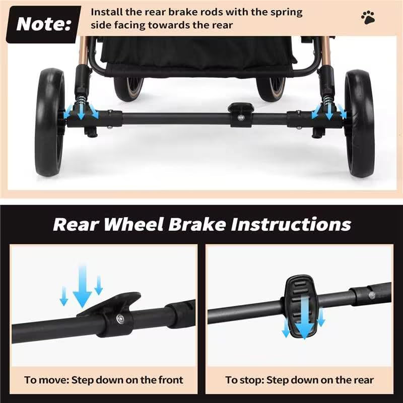 Dog Stroller for Pets, One Hand Fold Puppy Stroller with 6 Shock Absorbers, Removable Cabin & Storage Basket, 4 Wheels Dual Brakes, Rose Gold + Black