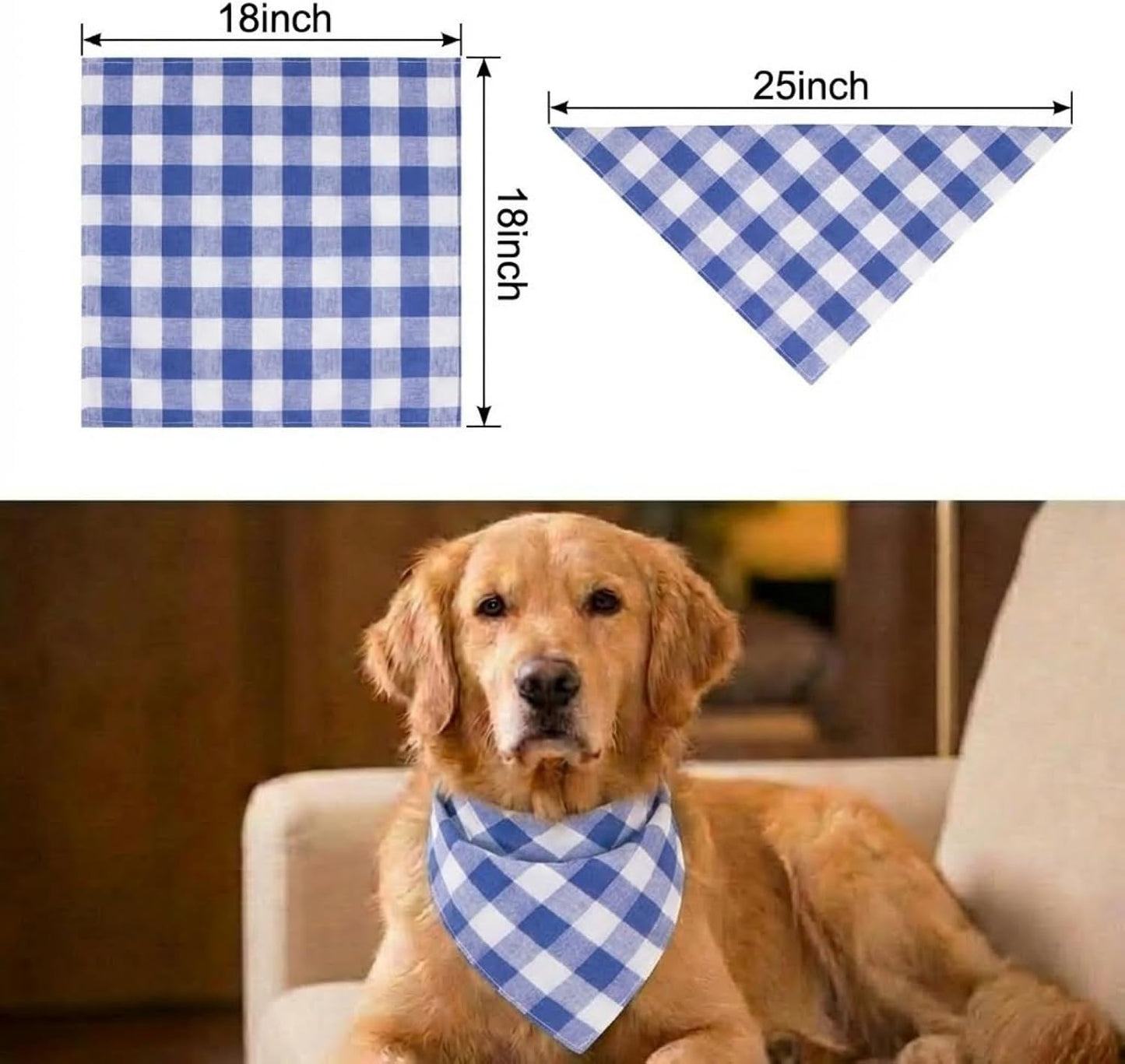 Dog Bandanas 1 Pack; Cotton Linen Blue Bandana Plaid for Large Dogs; Soft Breathable Dog Accessories; Classic Dog Apparel & Accessories(Blue Gingham, Large)