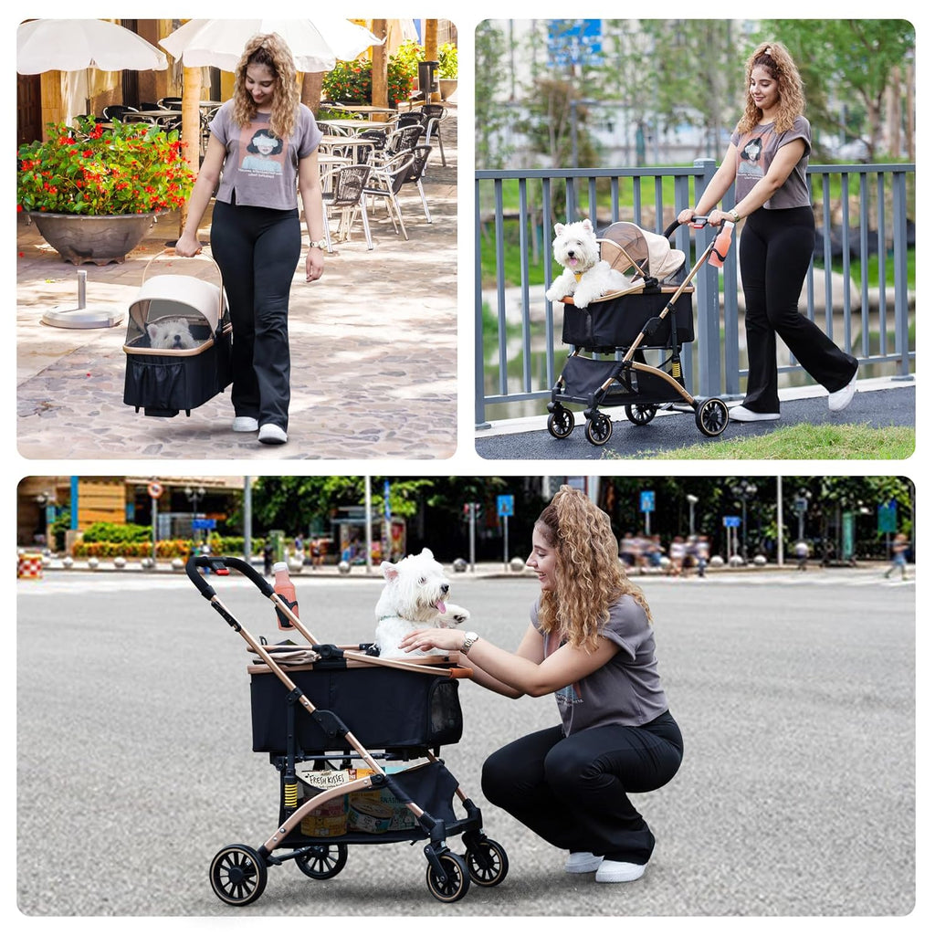Dog Stroller for Pets, One Hand Fold Puppy Stroller with 6 Shock Absorbers, Removable Cabin & Storage Basket, 4 Wheels Dual Brakes, Rose Gold + Black