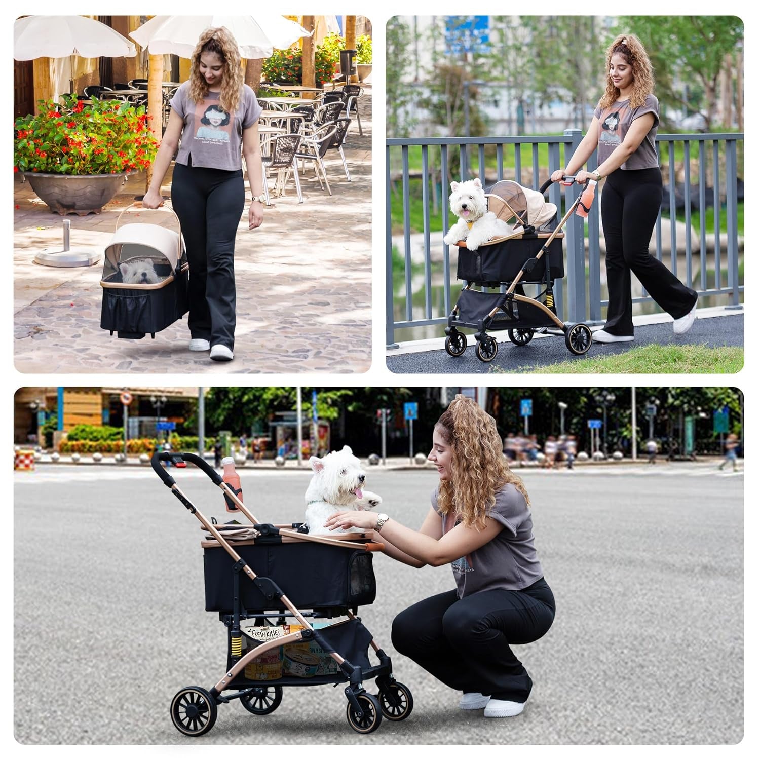 Dog Stroller for Pets, One Hand Fold Puppy Stroller with 6 Shock Absorbers, Removable Cabin & Storage Basket, 4 Wheels Dual Brakes, Rose Gold + Black