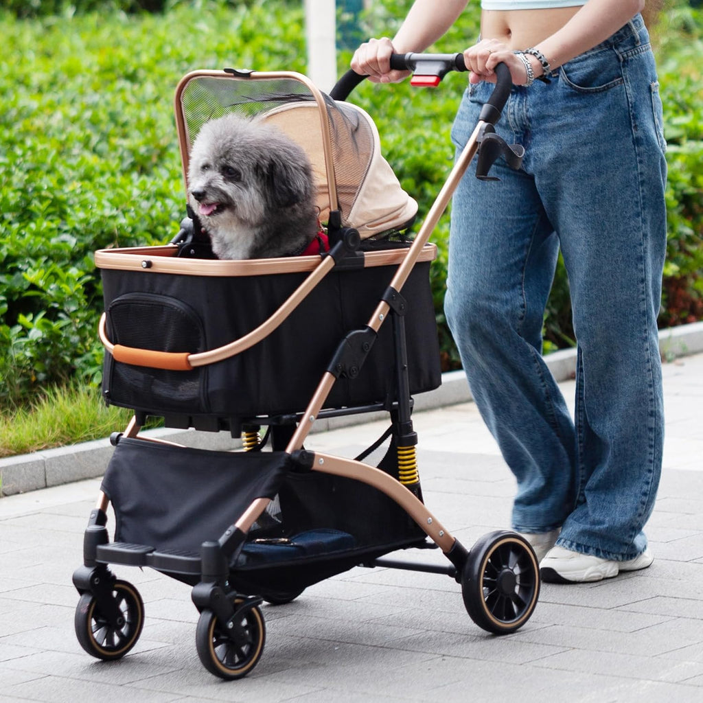 Dog Stroller for Pets, One Hand Fold Puppy Stroller with 6 Shock Absorbers, Removable Cabin & Storage Basket, 4 Wheels Dual Brakes, Rose Gold + Black